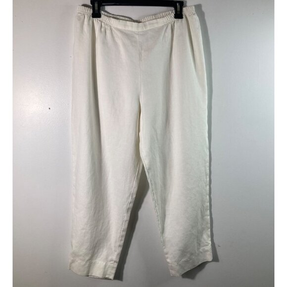 Womens Caroline Rose Linen Pull On Stretch Waist Pants White LP - Picture 1 of 7